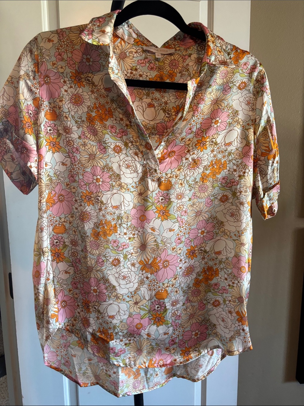 Floral Print Short Sleeve V-Neck Blouse - Pink & Orange